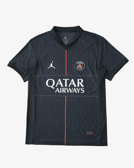 Paris Saint-Germain 2025/26 fourth jersey with pinstripe pattern and Qatar Airways logo.