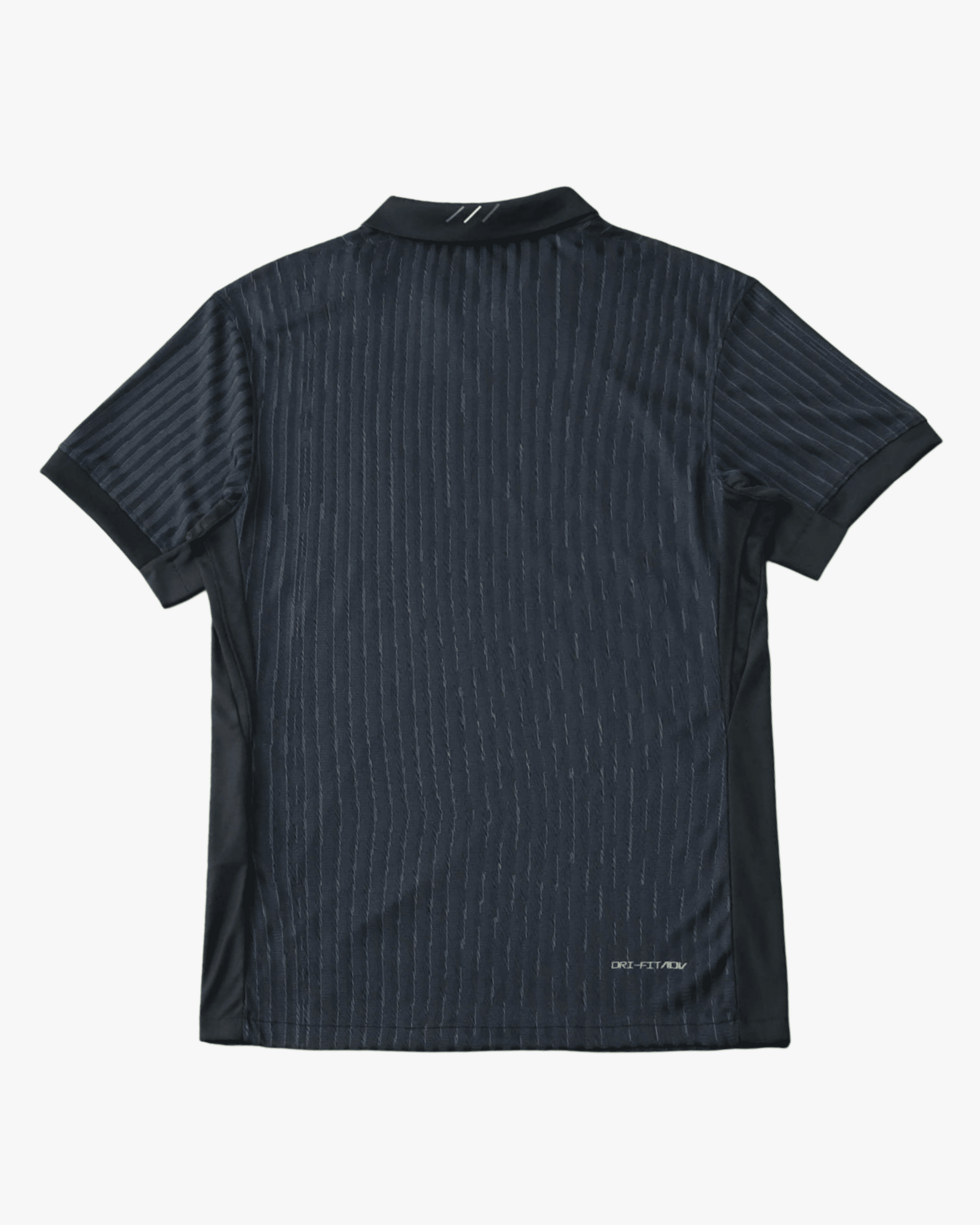 A dark grey PSG football jersey with vertical pinstripes.