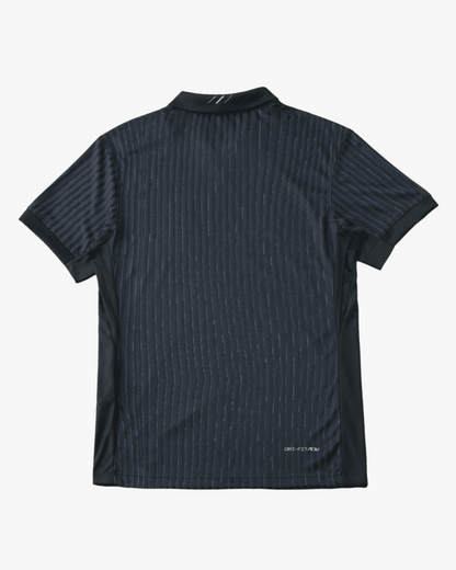 A dark grey PSG football jersey with vertical pinstripes.