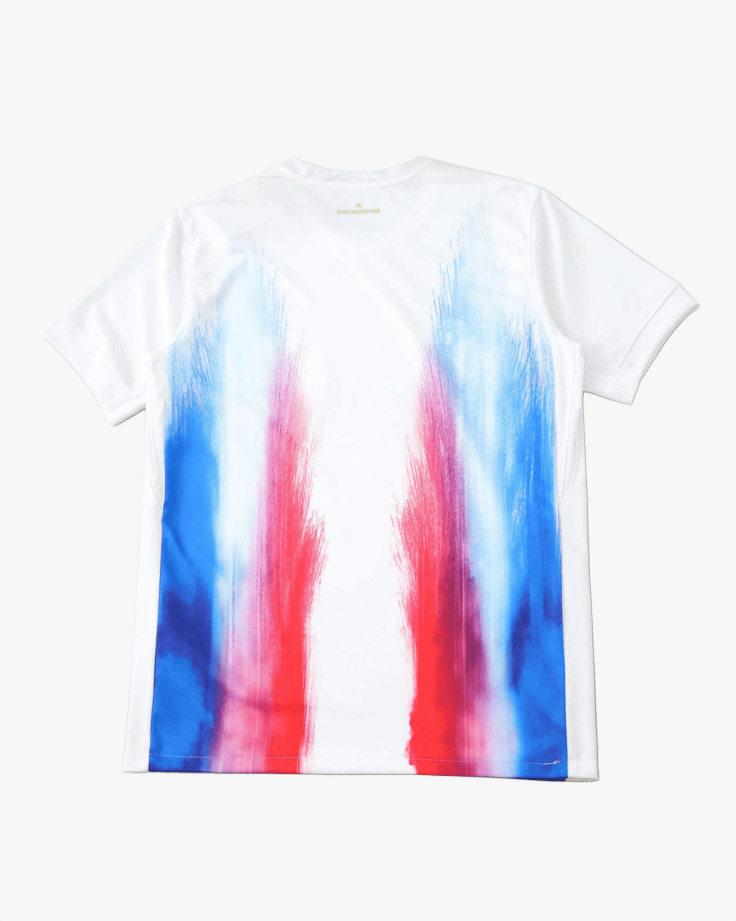 White Paris Saint-Germain training jersey with a red, white, and blue abstract design.
