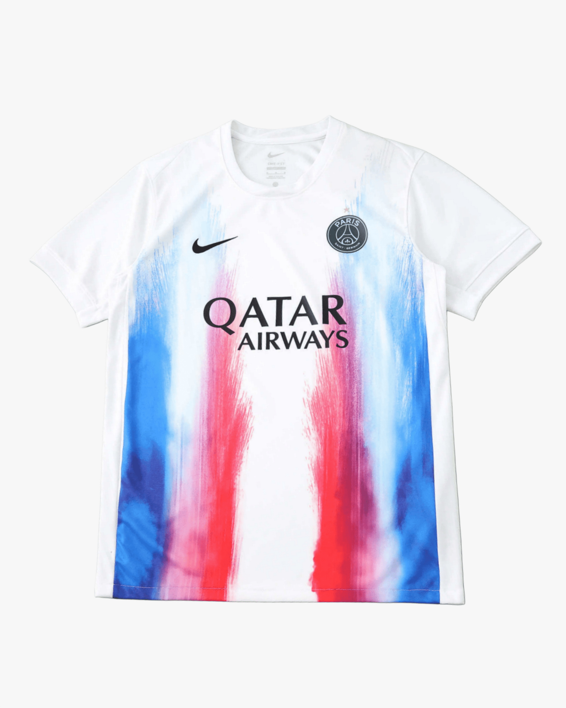 White Paris Saint-Germain pre-match training jersey with colorful brushstroke design.