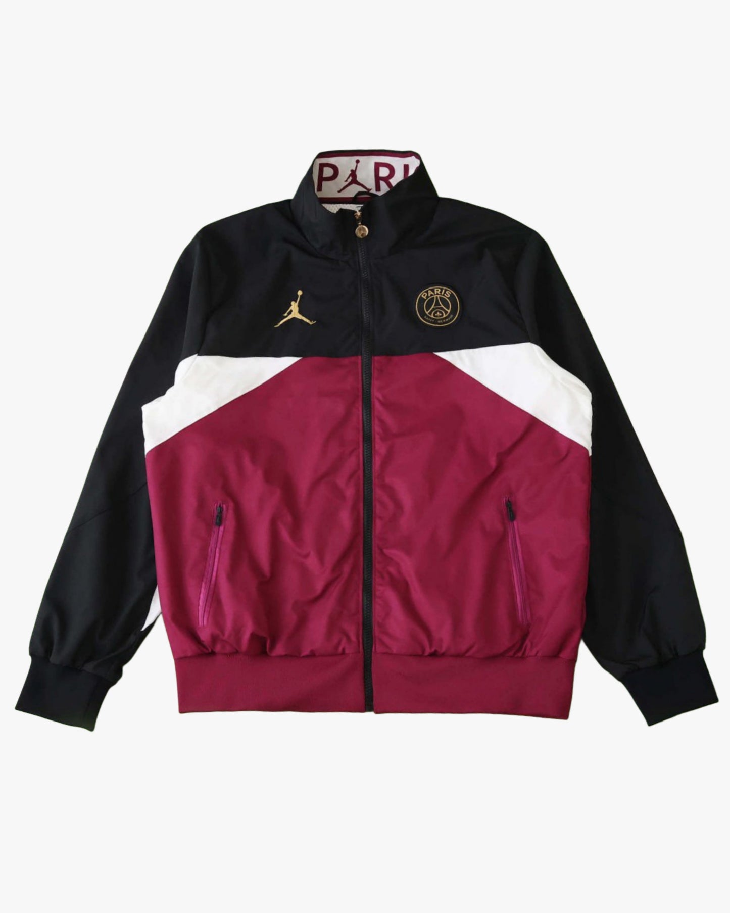 Jordan x PSG black, white, and burgundy color-blocked windbreaker jacket.