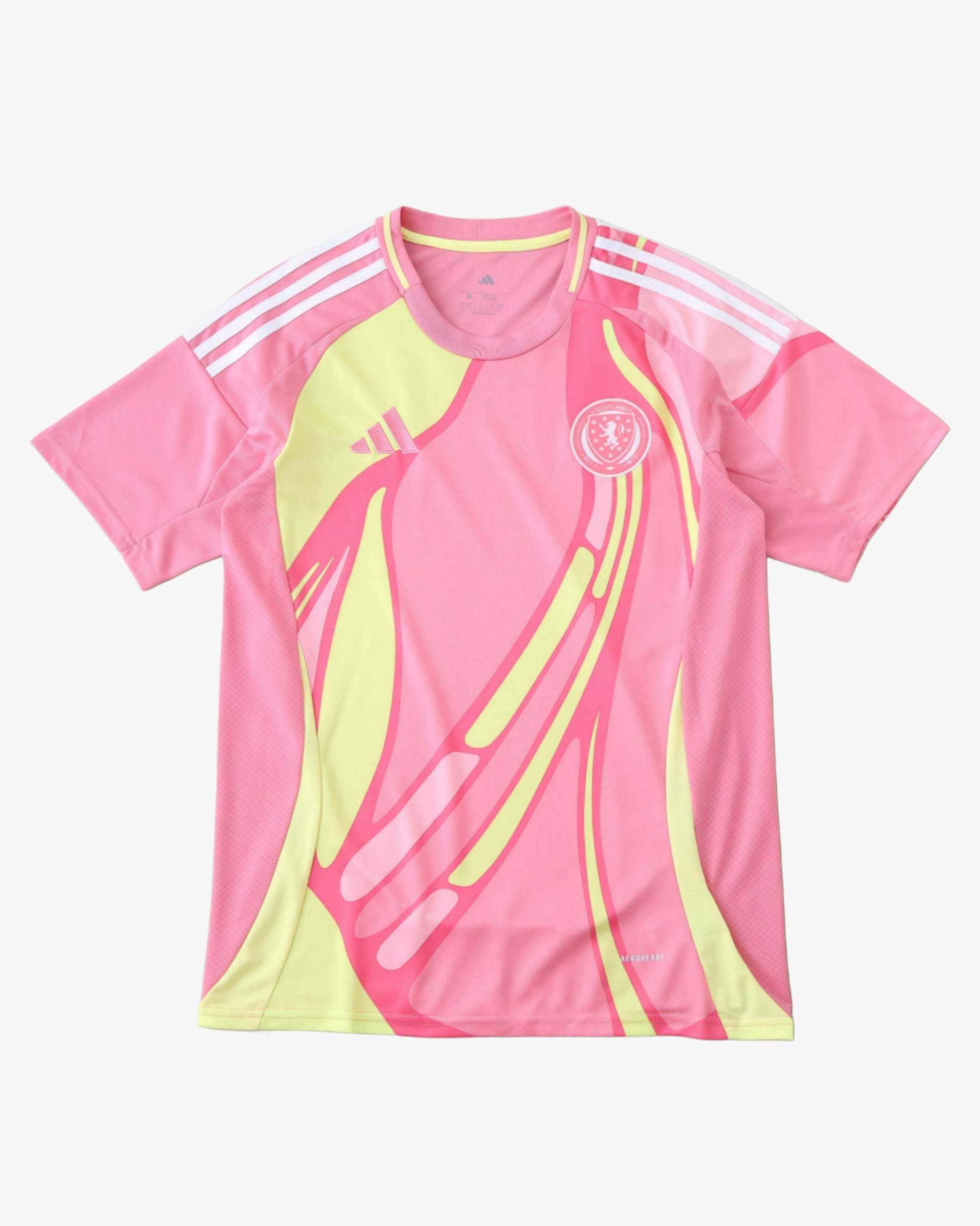 Pink and yellow patterned Scotland away football shirt with Adidas stripes.
