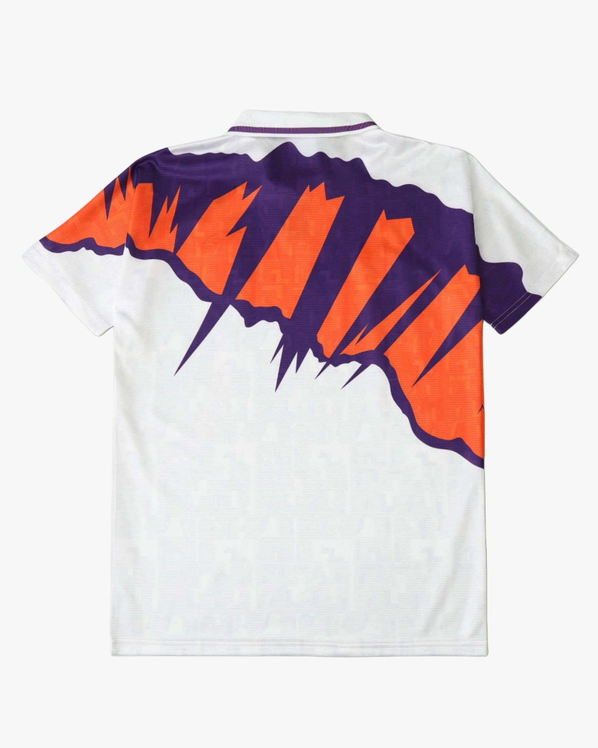 White short-sleeved football shirt with purple and orange abstract graphic design.