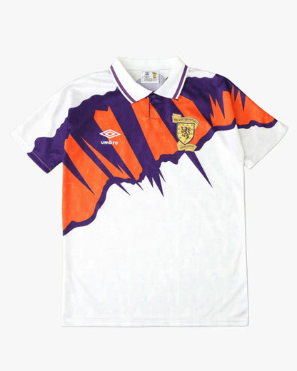 White Scotland 1992/93 retro away football shirt with purple and orange abstract design.