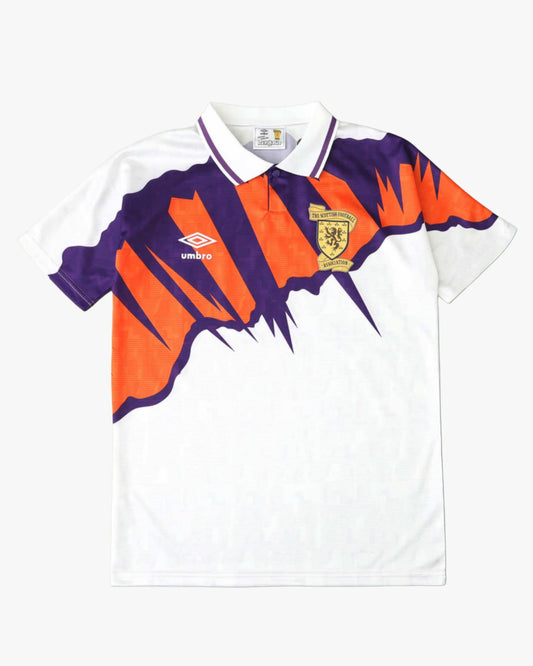 White Scotland 1992/93 retro away football shirt with purple and orange abstract design.